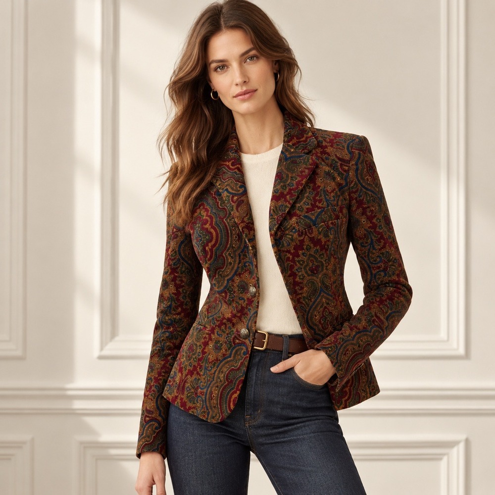 Lauren Ralph Lauren Velvet Blazer Womens S Paisley Crest Button Retro 70s Boho